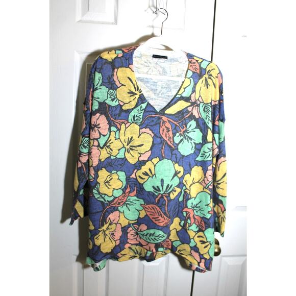 Nally & Millie Pop Art Floral Print V-Neck Tunic Sweater sz M/L - Picture 1 of 4
